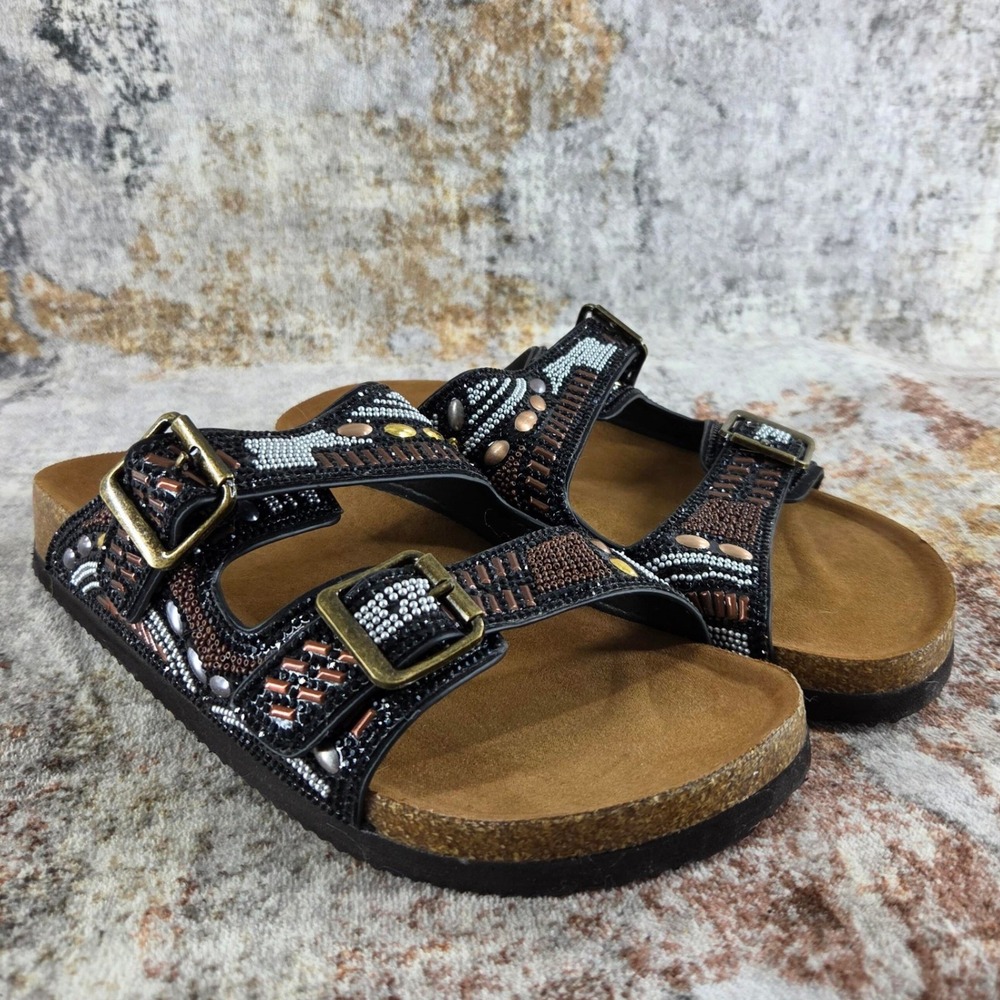 Torrid Beaded Double Buckle Cork Slide Sandals Womens 7.5WW Black Boho Festival